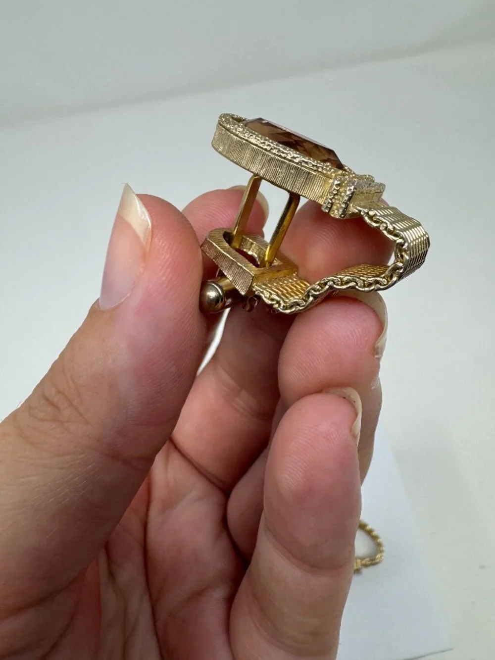 Vintage Gold Tone Mesh Wrap Cufflinks Amber Glass Mid-Century